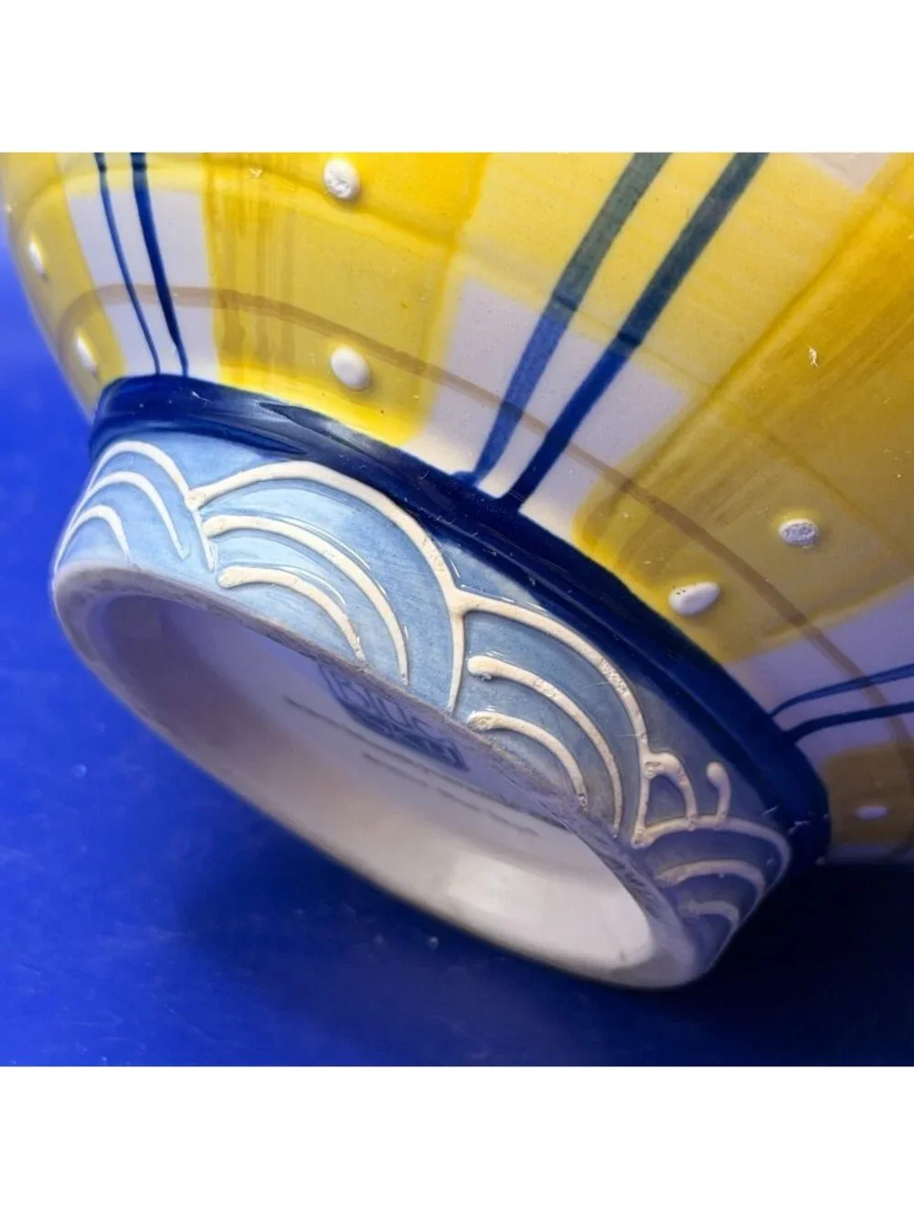 Blue Sky Clayworks Heather Goldminc Plaid Ceramic Bowl Yellow Blue Plaid 2014